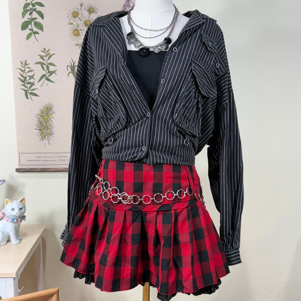 Vintage 90s Y2k Red Black Plaid Low Rise Mini Skirt Punk Grunge Mall Goth L